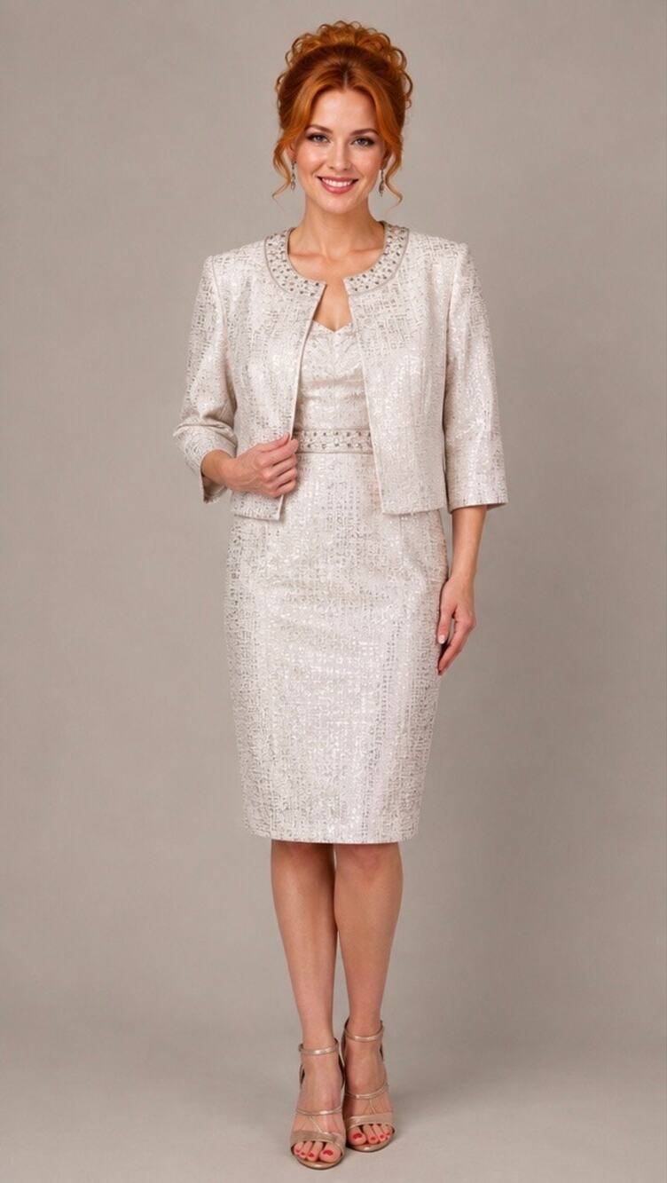 Tahari Arthur S. Levine White & Silver Metallic Dress & Jacket Set – Size 10